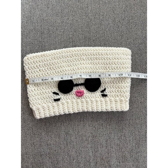 Cream Cat Beanie with black glasses, pink mouth and whisker details - Picture 5 of 9